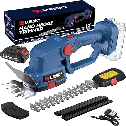 Cordless Hedge Trimmer with Battery 2.0Ah - 2-in-1 21V Grass Shears Handheld, Electric Shrub Trimmer Kit for Garden, Yard and Lawn, Charger Included (Blue)