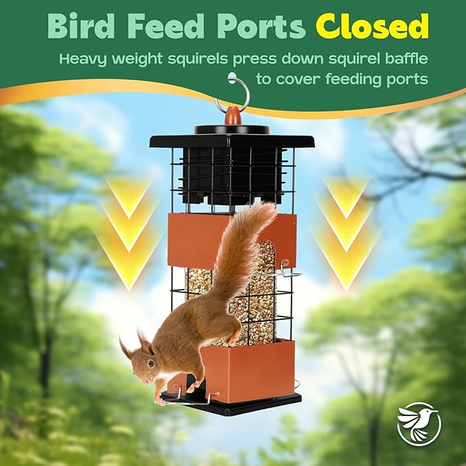Metal Squirrel Proof Bird Feeder for Outdoors, 2.5LB Hanging Wild Bird Feeder, Weight Activated Mechanism, Weatherproof and Rust-Resistant, Ideal for Cardinals, Finches, and Songbirds