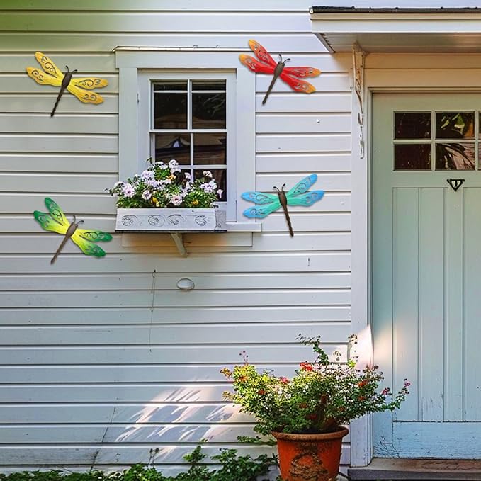 Metal Dragonfly Wall Decor, 4 Pack 14inch Metal Dragonfly Wall Hanging Sculpture Decor for Outdoor, Yard Patio Fence Garden Outside Decorations