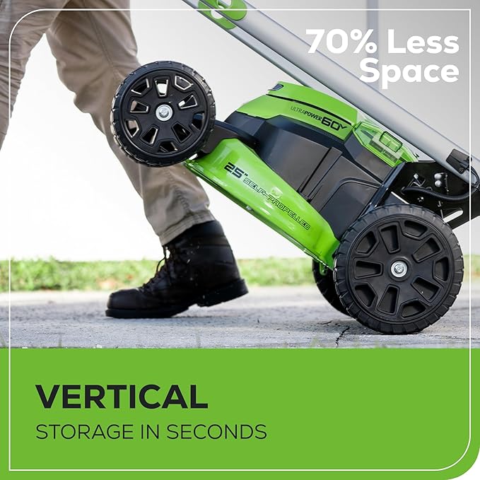 Greenworks 60V 25” Cordless (Self-Propelled) Lawn Mower (LED Lights + Aluminum Handles), 2 x 4.0Ah Batteries and Dual Port Rapid Charger