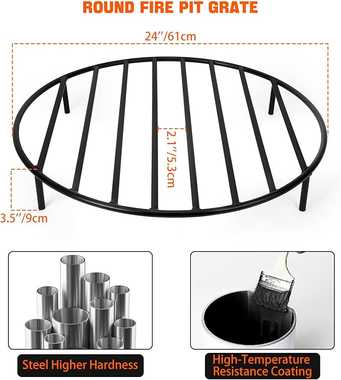 only fire Round Fire Pit Grate with 4 Legs for Outdoor Campfire Grill Cooking, 24 Inch