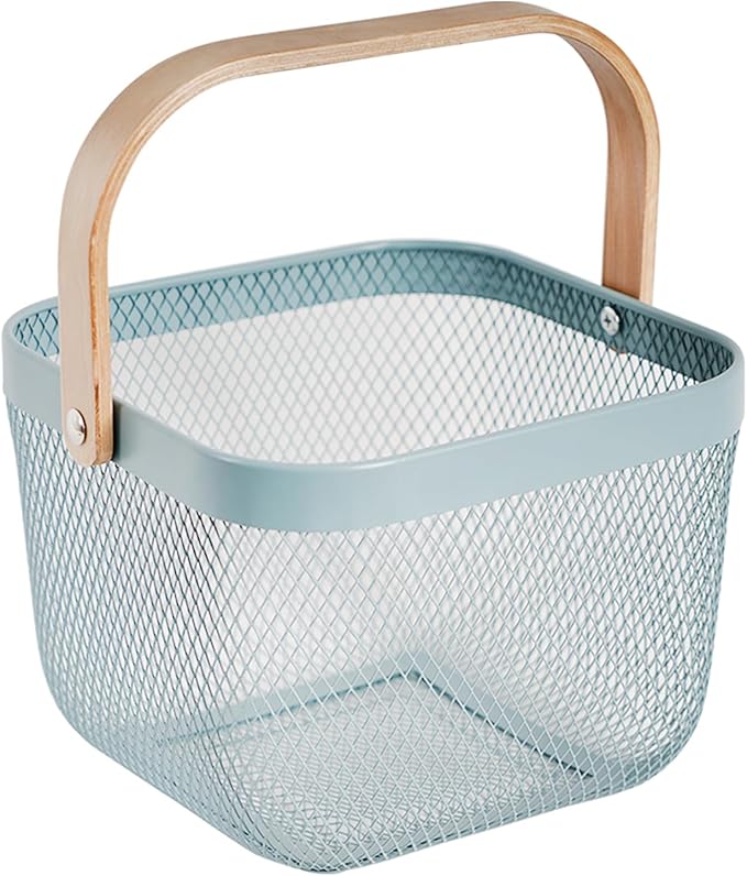Metal Mesh Steel Harvest Basket, Square Wire Garden Basket with Handle – Multi-Functional Storage Organizer for Gathering Vegetables, Fruits, Kitchen, Garden, Picnic & Cabinet (Aqua)