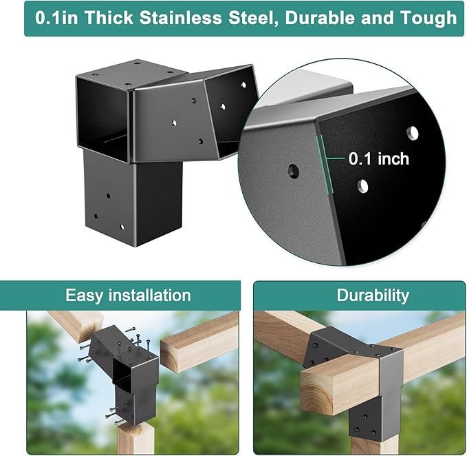 2 Pack Stainless Steel 15° Slanted roof pergola Bracket, firewood Sheds roof kit (3-Way End Corner), black