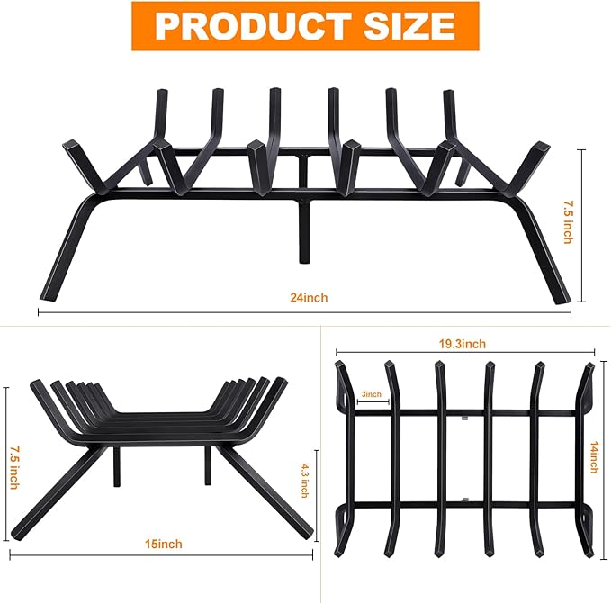 Fireplace Grate,Fireplace Log Holder,24 inch Heavy Duty Solid Cast Iron FIrewood Log Burning Rack for Inside The Fireplace Accessories Outood Fire Pit Kindling Fireplace Tools