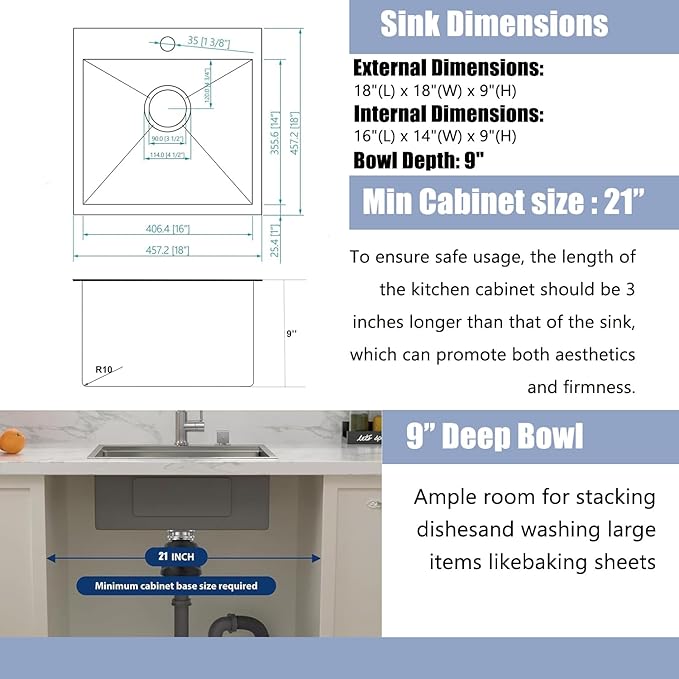 18x18 Inch Bar Sink Drop In Kitchen Sink, Topmount Stainless Steel Square Small Workstation Sinks, Single Bowl Kitchen Sinks for Laundry Wet Bar Prep RV Office Outdoor Yard