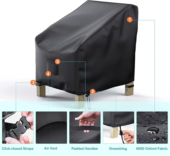 Patio Chair Covers for Outdoor Furniture Waterproof 2 Pack, Lawn Chair Covers 600D Heavy Duty Oxford Cloth, Large Covers for Lounge Lawn Deep Seat Black 31" W×33" D×36" H