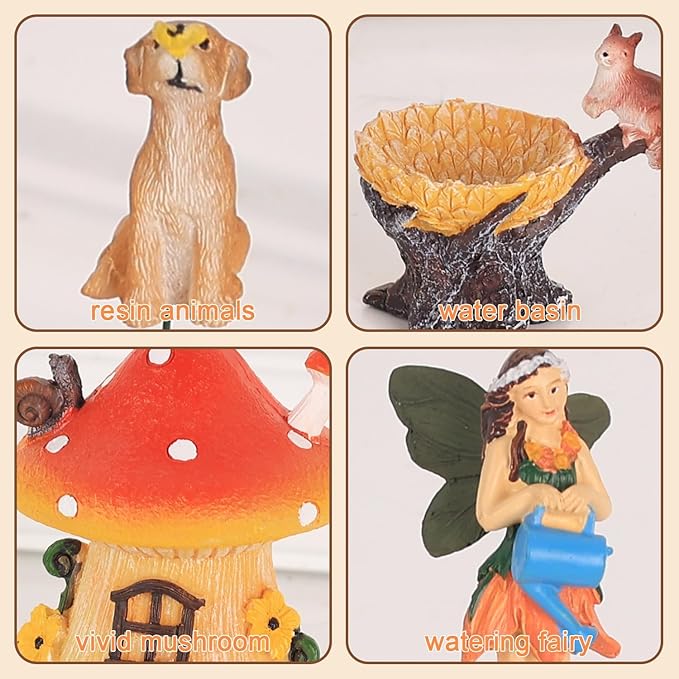 MEETYAMOR Miniature Fairy Garden Accessories, 6 PCS Mushroom House Kit with Mini Resin Animals, Whimsical Ornaments Outdoor Figurines Yard Art Garden Decor for Outside