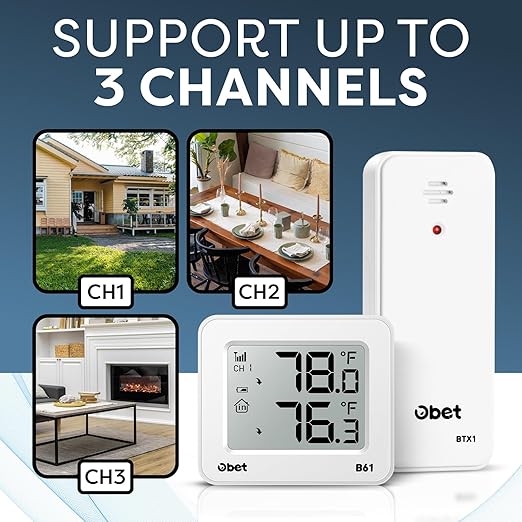 OBET Outdoor Thermometer Wireless Indoor Outdoor Digital Thermometer Greenhouse Thermometer Remote Temperature Monitor for House Home Room Patio B61-White