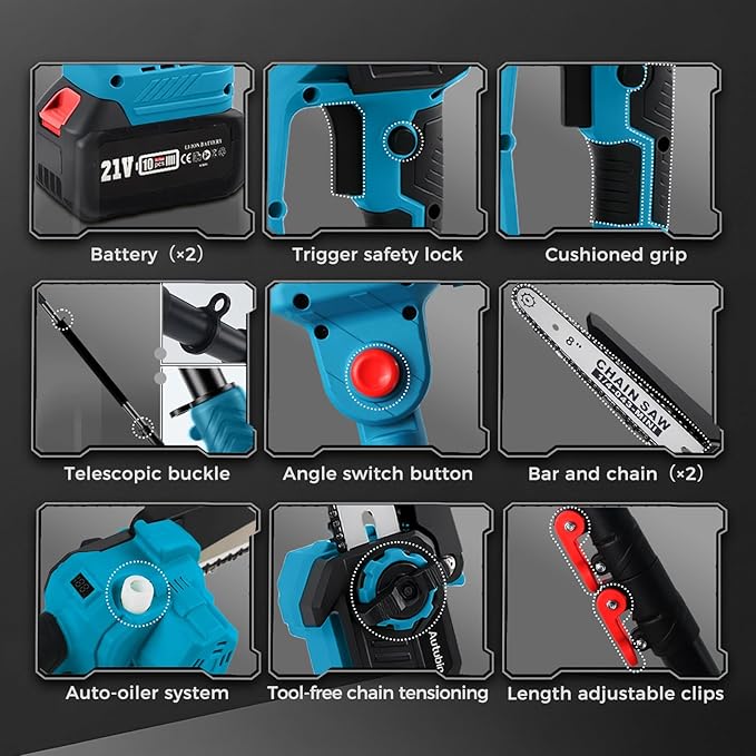 2-in-1 Cordless Pole Saw & 8'' Mini Chainsaw,Forest Ranger Approved Electric Handheld Chain Saw with 2× 21V 4.0Ah Rechargeable Batterie&Charger, Auto Oiling Multi-Angle,Max 16Ft Saw for Tree Trimming
