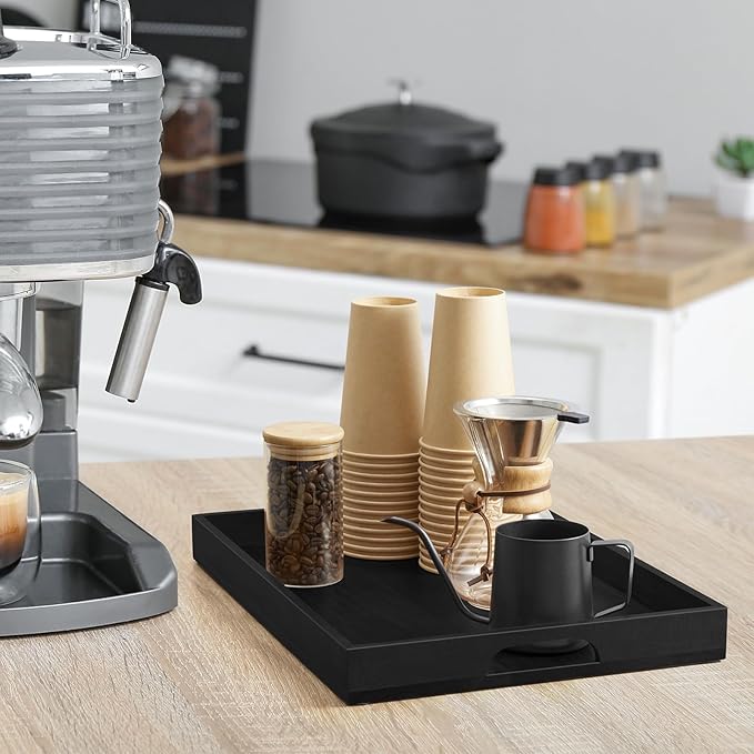 17 Inch Black Wood Serving Tray with Handles, Large Wooden Tray for Ottoman, Breakfast in Bed, Coffee Table, Dinner, Perfect for Living Room Bedroom Entryway and Kitchen