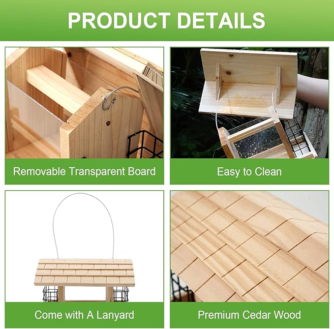 Wooden Bird Feeder for Outdoors Hanging Mount Large Capacity, Pine Garden Roof Feeder with 2 Suet Cages, Cardinal Bluebird Birdfeeder for Garden Decoration Yard, Weatherproof Durable