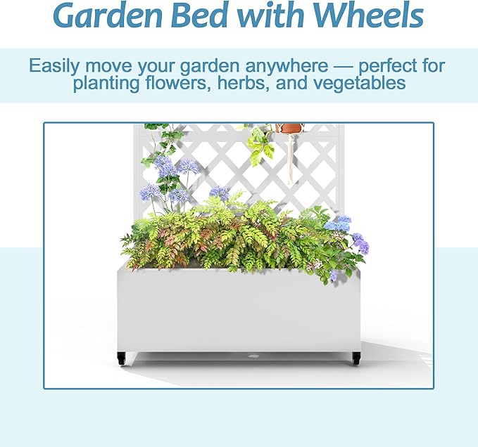 Metal Planter Box with Trellis & Wheels, Raised Garden Bed with Privacy Screen, Outdoor Standing Flower Beds with Drainage Hole for Climbing Plants, Vine, 35.4" L x 15.7" W x 70.9" H, White