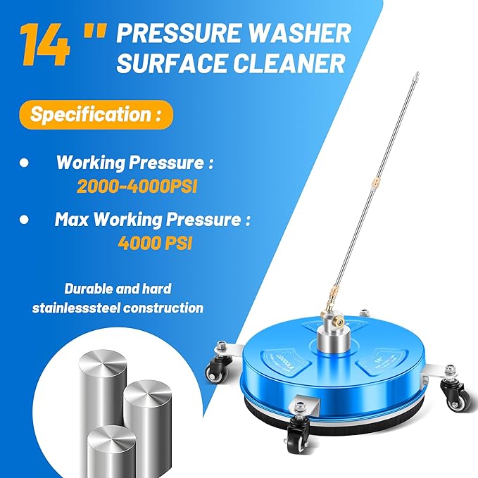 14" Pressure Washer Surface Cleaner with 4 Wheels - Coated Blue Stainless Steel Surface Cleaner for Pressure Washer Attachment for Concrete, Driveway, Patio, Sidewalk, Deck and Driveways - PWS14B