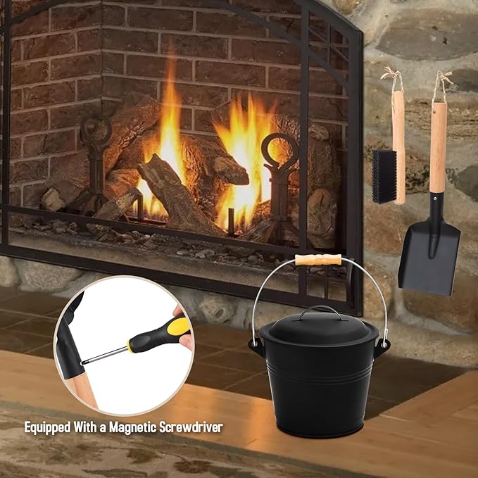 FEED GARDEN Mini Ash Bucket with Lid,Shovel,Broom and Screwdriver, 1.3 Gallon Galvanized Iron Coal Bucket for Fireplace Fire Pits Wood Stoves Indoor Outdoor，Black