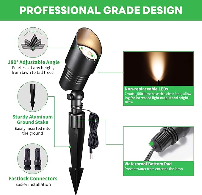 Outdoor Landscape Spotlights - 2700K/3000K/3500K/4000K/5000K Switchable White, LED Low Voltage Spot Lights Hard-Wired, IP65 Waterproof Uplighting, Black Aluminum for Backyard Fence 8 Pack