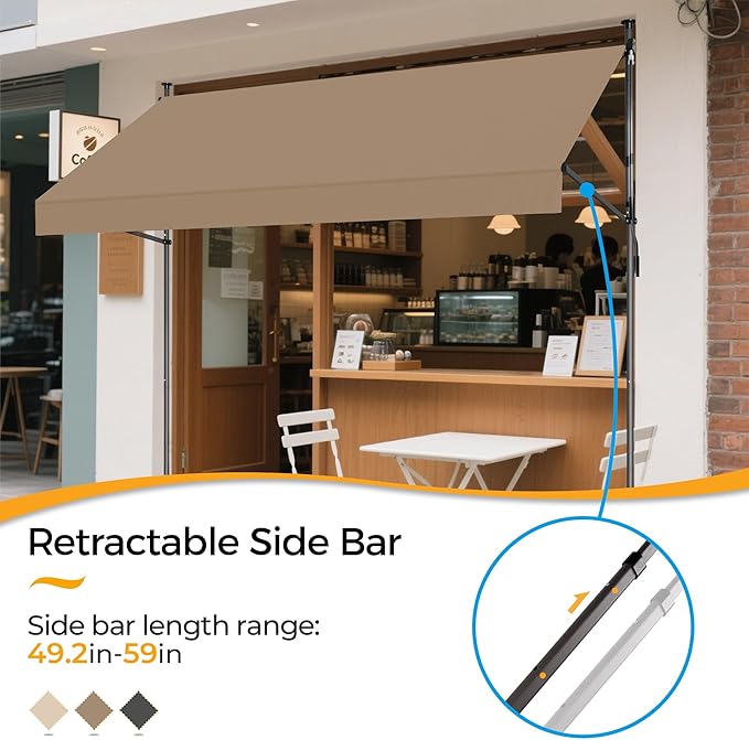 HOMEDEMO Manual Retractable Awning 59" W x 118" H,Side Bar 47-59in Patio Awning Retractable Outdoor Sunshade Shelter Height Adjustable Sunsetter Retractable Awning UV Protection for Backyard Garden