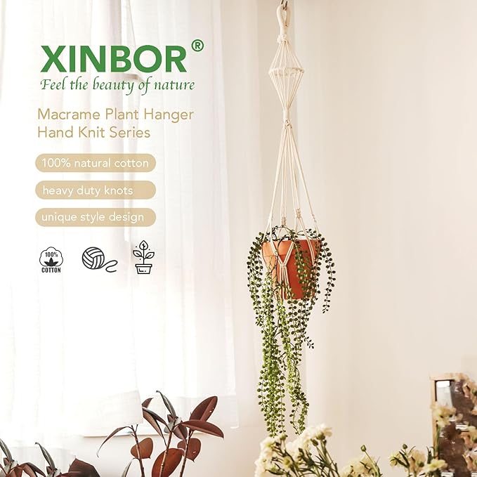 2Pcs Macrame Plant Hangers Indoor Macrame Hanging Planters Large for up to 10 inch Pot No Tassels Long Crochet Boho Plant Hanger Holder for Indoor Outdoor Plants Different Size 35”/39" (White)