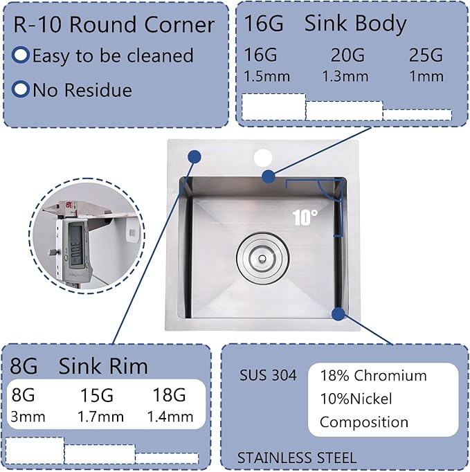 15x15 Inch Bar Sink Drop In, Topmount Kitchen Sink Stainless Steel Square Small Sinks, Single Bowl Kitchen Sinks for Laundry Wet Bar Prep RV Office Outdoor Yard