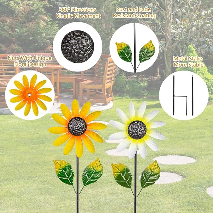 2Pack Garden Wind Spinners,Metal Wind Sculptures Outdoor Windmill Flower Pinwheel Decorations for Yard Lawn Patio Decor(Yellow and White)