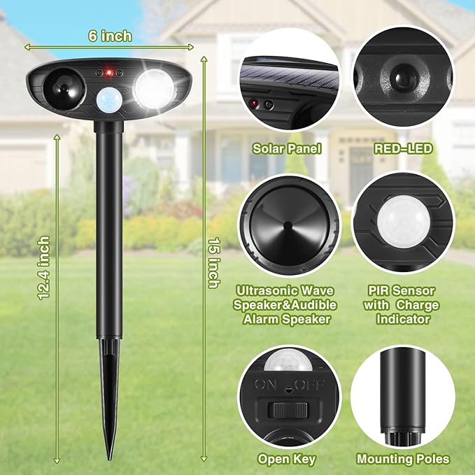 2025 Cat Repellent Device Ultrasonic Animal Repellent Outdoor Solar Animal Repeller with Motion Sensor&LED Strobe Light Deer Deterrent to Scare Dog Squirrel Raccoon Skunk Rabbit (2Pack)