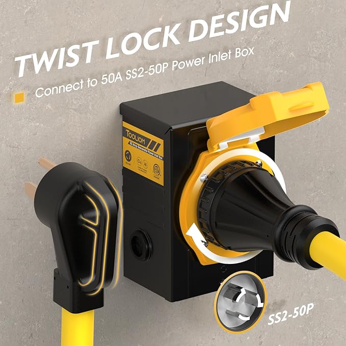 TOOLIOM 50 Amp Generator Cord, NEMA 14-50P/SS2-50R Twist Lock 50 AMP for RV, 125/250V 12500W 6/3+8/1 AWG STW Generator Extension Cord, ETL Listed (50FT)