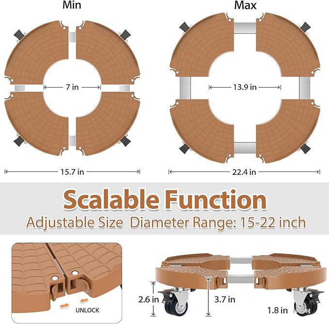 VANCASTLE Plant Caddy with Lockable Wheels Heavy Duty 450lbs Capacity, 15-22 Inch Adjustable Plant Stand with Wheels Rolling base, Plant Dolly for Flower Pot Mover Indoor Outdoor, Khaki, 2 Pack