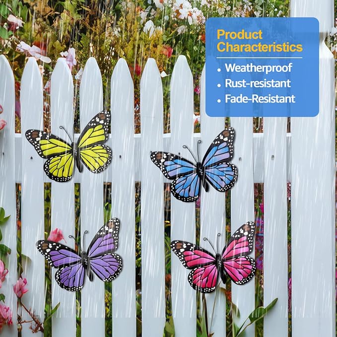 Metal Butterfly Outdoor Decor - 4 Pack 9.8in Butterflies Wall Sculpture Hanging Decor for Outside Home Yard Patio Fence Garden Decorations