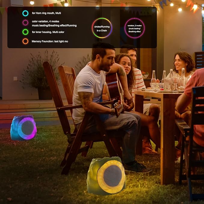 Outdoor Speakers Solar Powered & USB-C Charging, Rock Speaker TWS Pairing Wireless Outdoor Speaker Bluetooth 5.4, LED Light Show, Waterproof, ideal for Backyard BBQ, Garden, Poolside(2-Pc,Black)