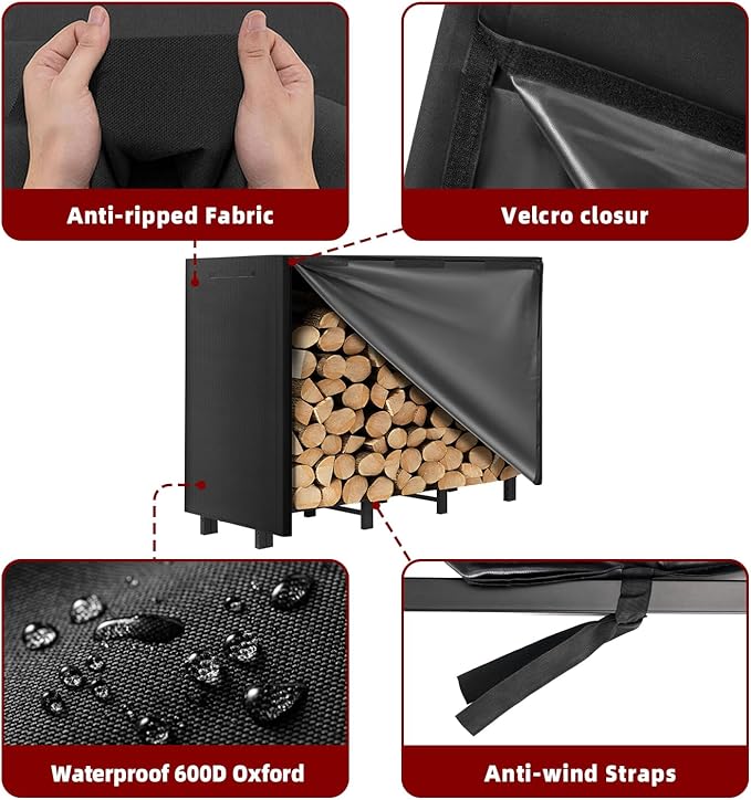 4FT Firewood Rack with Waterproof Cover,Heavy Duty Firewood Storage Log Holider for Outdoor&Indoor,Fireplace Wood Rack with 600D Oxford Fabric