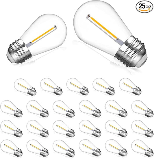 25 Pack S14 Replacement Bulbs for String Lights, 1W LED Waterproof Shatterproof Outdoor Light Bulbs, 2200K Amber Warm White, E26 Base, Non-Dimmable