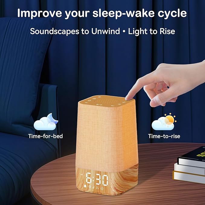 Sunrise Alarm Clock with Noise Machine: Digital Alarm Clock for Bedrooms, Nature Sounds for Gentle Wake Up, 30 Sleep Sounds, Adjustable Brightness & Volume, Timer - Wood Grain