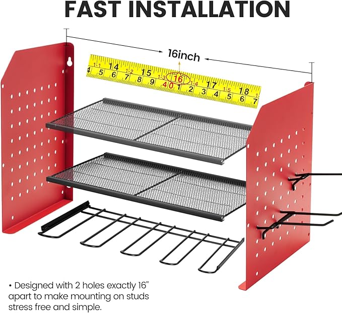 TRZZ Power Tool Organizer Wall Mount, 3-Layer Drill Holder with 2 Side Pegboards, Cordless Drill Rack with 4 Hooks, Efficient Storage for Workshop, Garage, and Tool Room (Red)
