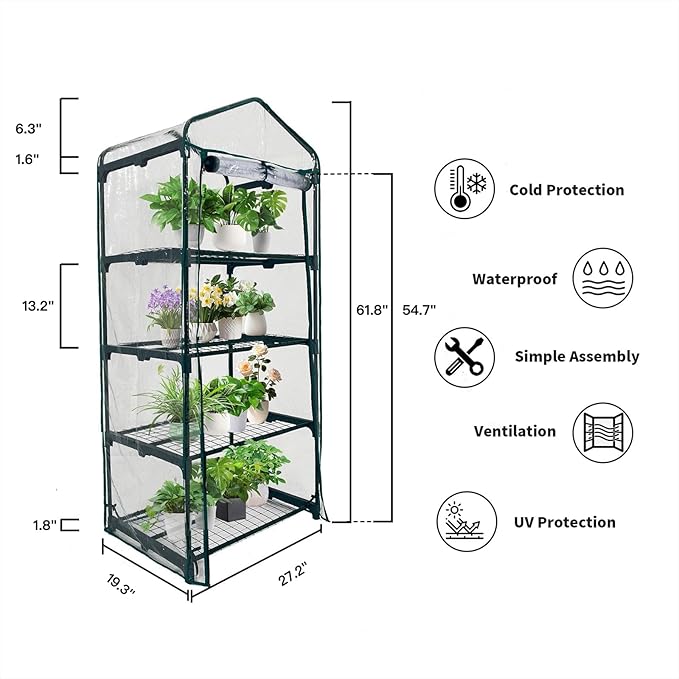 GreenGiggle 4 Tier Mini Indoor Outdoor Greenhouse,27"x19"x62" Greenhouses with PVC Cover and Roll-Up Zipper Door,Plastic Green House for Inside Grow Tent&Garden greenhouses for Outdoors