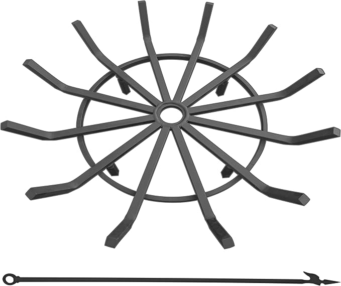 Log Grate Wrought Iron Fire Pit Round Spider Wagon Wheel Firewood Heavy Duty 0.9in Bar Fireplace Stove Burning Rack Holder 4Legs (24 Inch)