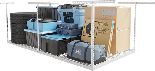 FLEXIMOUNTS 4x8 Overhead Garage Storage Rack, Adjustable Organization System, Heavy-Duty Metal Ceiling Racks, 750lbs Weight Capacity, White