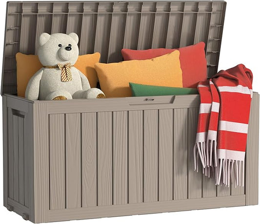 75 Gallon Outdoor Storage Box, Resin Waterproof UV-Resistant Deck Box, Reinforced Stability for Patio, Garden, and Poolside, Striped Gray