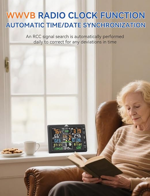 14-in-1 Wireless Weather Station with Outdoor Wireless Sensor,Radio-Controlled Clock,Rain Gauge,Wind Speed/Direction,Moon Phase,Wind Chill Index,Outdoor Dew Point,Barometer(NO WiFi)