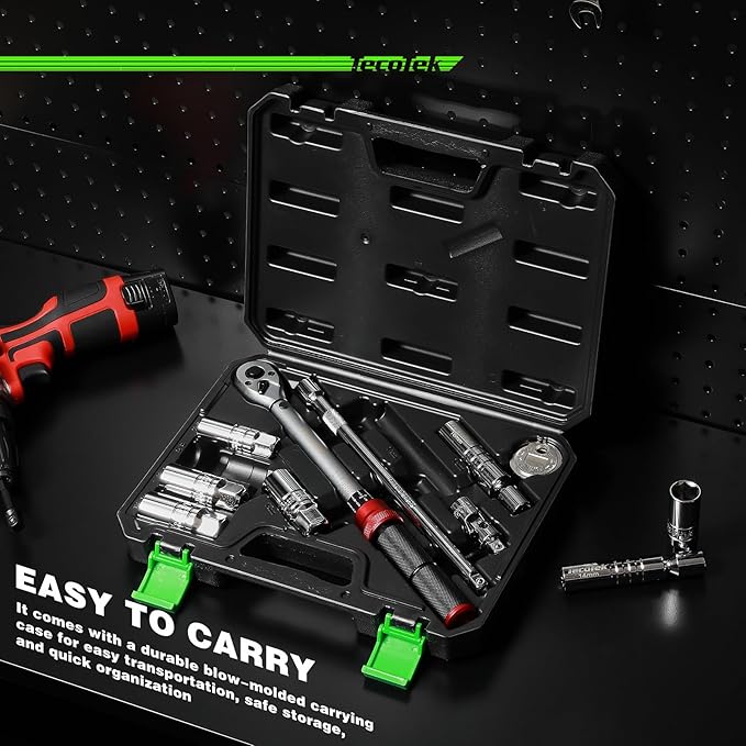 11Pcs 3/8" Drive Spark Plug Socket Set with Click Torque Wrench, Spark Plug Gapper, Universal Joint, Extension Bar, 9/16", 5/8", 3/4", 13/16", 14, 16 and 18mm, CR-V Sockets with Rubber Rings