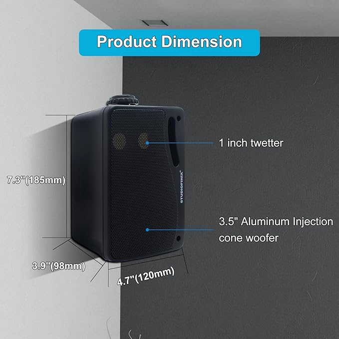 STUDIOFINIX Passive Outdoor Speakers Wired Waterproof -3.5 Inch 3 Way 200W Surface Marine & Wall Mount Speakers, Ideal for Home, Boat, Poolside, Patio, Indoor Outdoor Use（Black