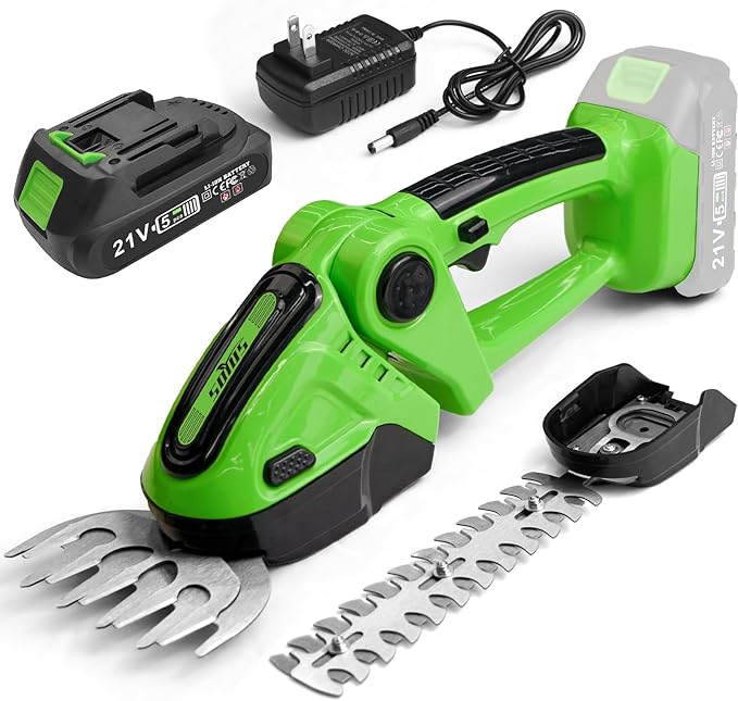 SOYUS Cordless Grass Shear, 2-in-1 Handheld Hedge Trimmers, 21V Electric Grass Trimmer & Shrubbery Trimmer, Battery Operated Hedge Trimmer for Garden/Lawn with Battery and Charger