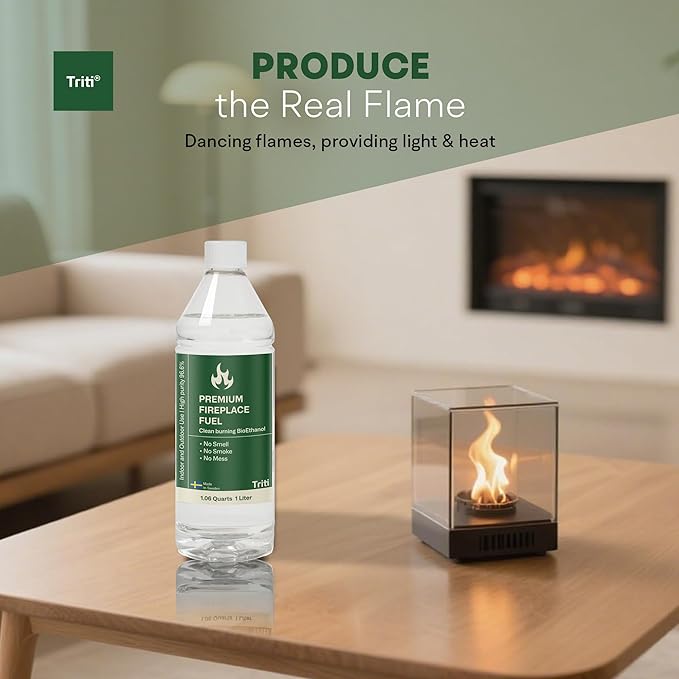 Triti Bioethanol Fireplace Fuel, Denatured Alcohol – Odorless & Smokeless – 1 Liter | Tabletop Fire Pit Fuel, Tabletop Fireplace & Alcohol Stove Fuel | Indoor/Outdoor