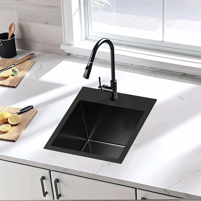 13x15 Inch Black Bar Sink Drop In Kitchen Sink, Topmount Stainless Steel Square Small Workstation Sinks, Single Bowl Kitchen Sinks for Laundry Wet Bar Prep RV Office Outdoor Yard,VALISY JB029B