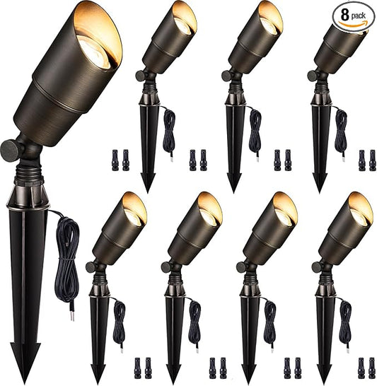 Spot Light Brass - Outdoor Landscape Spotlights 12V, LED Low Voltage Landscaping Uplights, All Weather Hard-Wired Bronze for Backyard Lawn with No Bulbs (8 Pack)