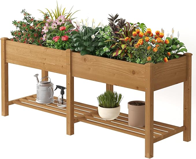 Wooden Raised Garden Bed ，Planter Box with Legs, Wooden Planter -Grow Herbs and Vegetables Outdoors – Naturally Rot-Resistant - Unmatched Strength Lasts Years (Brown-L)