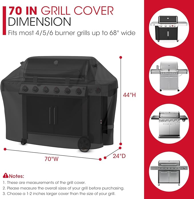 Unicook Outdoor Large Grill Cover 70 Inch, Heavy Duty Waterproof Gas Grill Cover for Outside, Fade Resistant Durable BBQ Protector, All Weather Protection for Backyard BBQs, Black