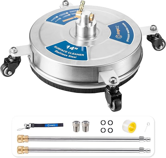 14" Pressure Washer Surface Cleaner with 4 Wheels, 1/4" Quick Connect Plug, Sturdy Stainless Steel Power Washer Attachment for Concrete Driveway, Min Flow Rate 1.8 GPM, Max 4000 PSI (Silver)