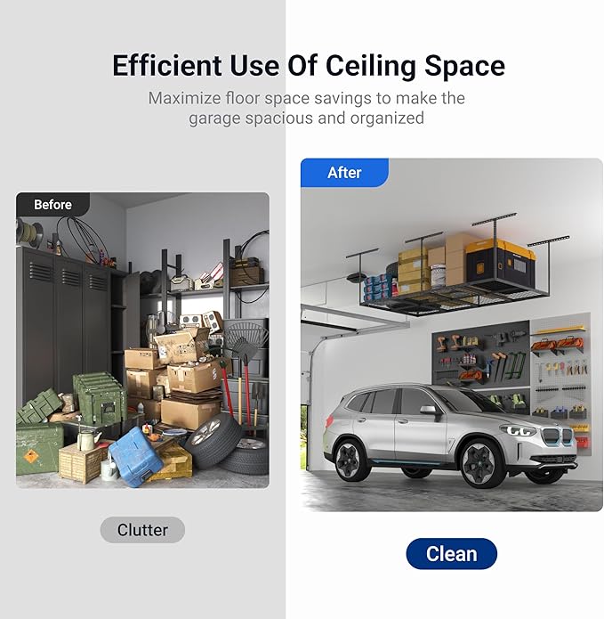 FLEXIMOUNTS 4x8 Overhead Garage Storage Rack, Adjustable Organization System, Heavy-Duty Metal Ceiling Racks, 750lbs Weight Capacity, Hammertone