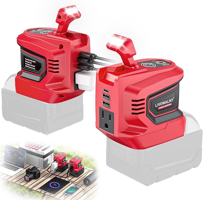 2PCS 200W Power Inverter for Milwaukee, DC 18V to AC 110-120V Battery Inverter, Portable Battery Adapter Phone Charger Converter with 2 USB & 1 Type-C & 1 AC Outlet for Camping Essentials (Tool Only)