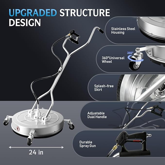 RAYNEL 24'' Pressure Washer Surface Cleaner with 4 Wheels, Dual Handle, Stainless Steel Housing, 2 Hose Adapters, 4 Replacement Nozzles