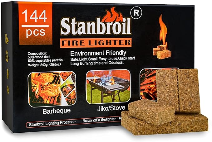 Stanbroil 144 pcs Fire Starters, Natural Charcoal Squares Fire Starters Super Fast Lighting Perfect for Barbecue Grills, Smokers, Wood Stove, Campfires and Outdoor Fireplaces